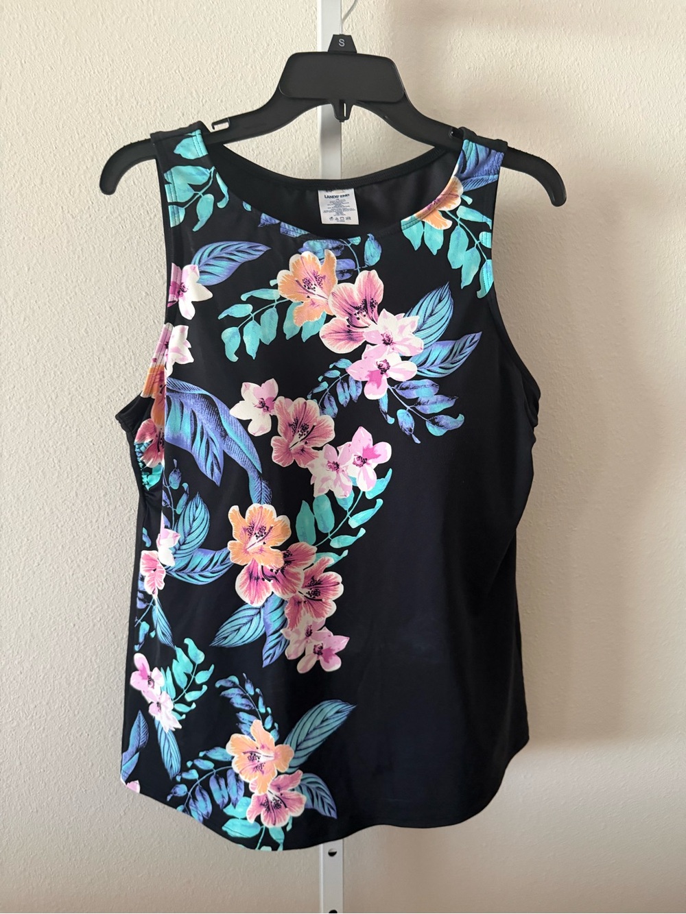 Land’s End Hi-Neck Floral Tankini Top - Black with Pink